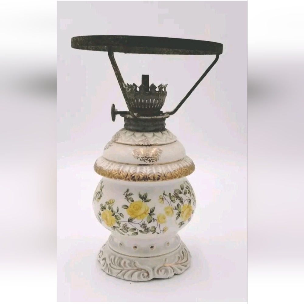 Vintage Oil Lamp Hand Painted Floral Yellow And Gold. No Shade.